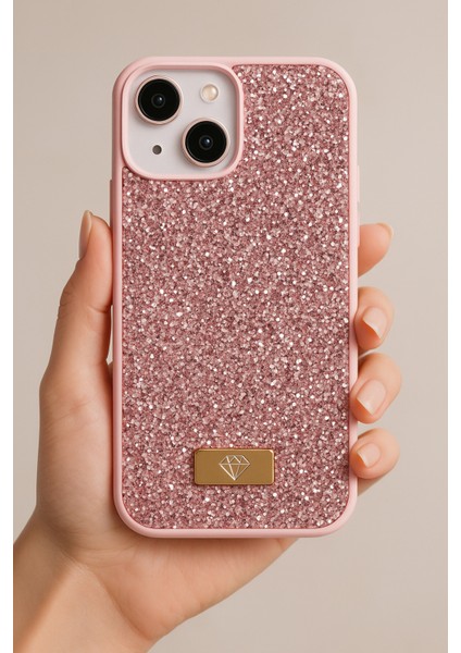 Apple iPhone 13 - 14 - 15 Uyumlu Kılıf Elmas Tasarımlı Pembe Taşlı Işıltılı Pırlanta Silikon Kapak fiyatları