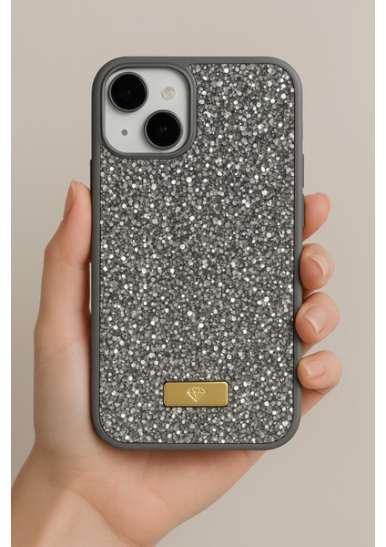 Apple iPhone 13 - 14 - 15 Uyumlu Kılıf Elmas Tasarımlı Gri Taşlı Işıltılı Pırlanta Silikon Kapak fiyatları