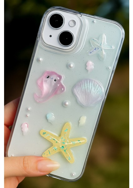 Apple iPhone 13 - 14 - 15 Kılıf Şeffaf Simli Deniz Yıldızı Vatoz Deniz Kabuğu Desenli Silikon Kapak fiyatları