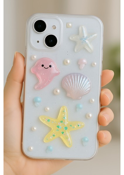 Apple iPhone 13 - 14 - 15 Kılıf Şeffaf Simli Deniz Yıldızı Vatoz Deniz Kabuğu Desenli Silikon Kapak modelleri