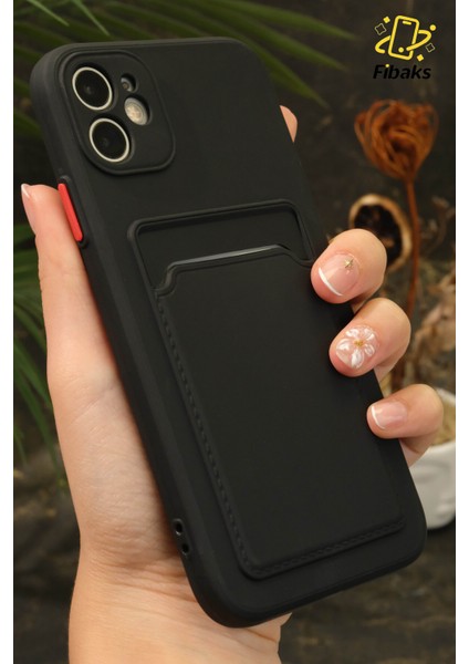 Apple iPhone 11 Kılıf Kamera Korumalı Kartlıklı Cüzdanlı Kırmızı Tuşlu Siyah Silikon Kapak