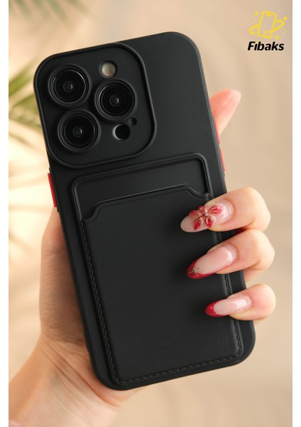 iPhone 11 Pro Kılıf Kamera Korumalı Kartlıklı Cüzdanlı Kırmızı Tuşlu Siyah Silikon Kapak