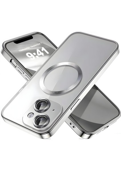 Apple iPhone 14 Plus Kılıf Logo Gösteren Parlak Kenarlı Kamera Lens Korumalı Şeffaf Omega Silikon Kapak