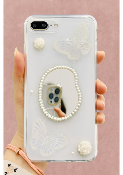 Apple iPhone 7/8 Plus Kılıf 3D Kelebek Gül Desenli Aynalı Simli Şeffaf Tasarımlı Silikon Kapak fiyatları