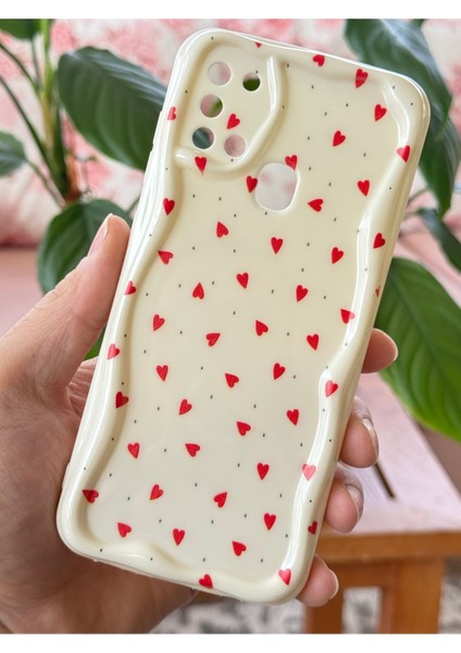 Samsung Galaxy A21S Kılıf Kamera Korumalı Dalga Kenarlı Kırmızı Kalp Desenli Silikon Kapak fiyatları