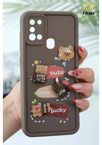 Samsung Galaxy A21S Uyumlu Kılıf Tasarımlı Desenli Kamera Korumalı Ayıcık Kahve Renkli Yumuşak Silikon Kapak