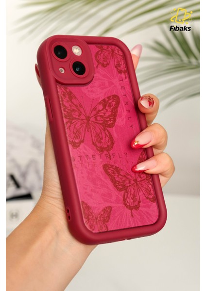 Apple iPhone 13 Kılıf Yumuşak Dokulu Kelebek Desenli Yumuşak Kamera Korumalı Mürdüm Silikon Kapak