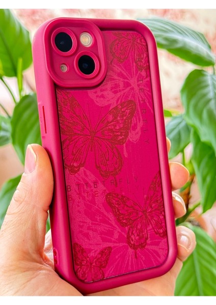 Apple iPhone 13 Kılıf Yumuşak Dokulu Kelebek Desenli Yumuşak Kamera Korumalı Mürdüm Silikon Kapak