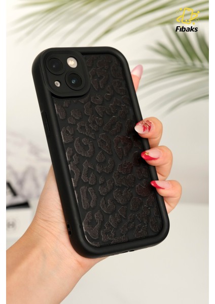 Apple iPhone 13 Kılıf Yumuşak Siyah Leopar Desenli Yumuşak Kamera Korumalı Silikon Kapak