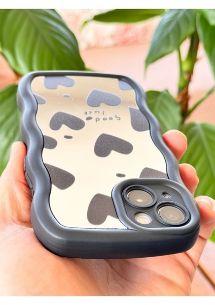 Apple iPhone 15 Uyumlu Kılıf Aynalı Kalp Desenli Yumuşak Kenarlı Kamera Korumalı Silikon Kapak