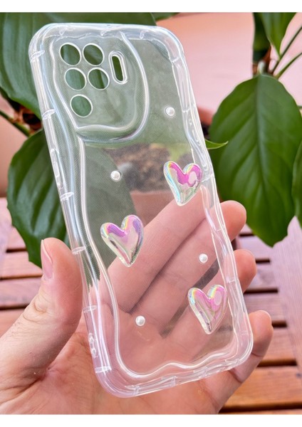 Oppo Reno 5 Lite Kılıf 3D Kalpli Inci Tasarımlı Desenli Kamera Korumalı Şeffaf Silikon Kapak modelleri