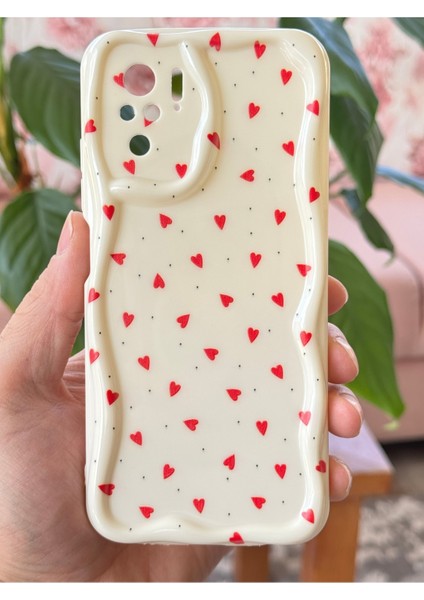 Xiaomi Redmi Note 10 - 10S Kılıf Kamera Korumalı Dalga Kenarlı Kırmızı Kalp Desenli Silikon Kapak modelleri
