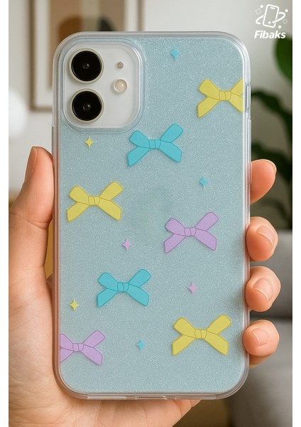 Apple iPhone 11 Uyumlu Kılıf Mavi Simli Renkli Fiyonk Desenli Parlak Darbe Emici Kapak