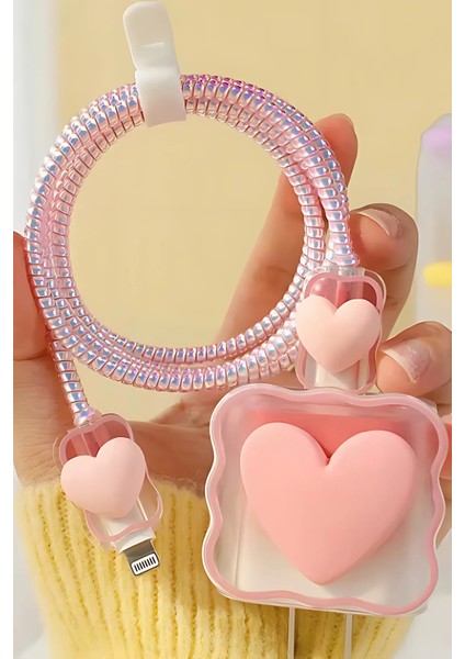 18W/20W Uyumlu Kalp Desenli Şarj Aleti Koruyucu Kılıf Şarj Kablo Örme Aparatlı Koruyucu Toparlayıcı