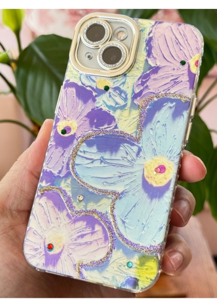 Apple iPhone 13 Kılıf Renk Değiştiren Taşlı Kamera Lens Korumalı Mavi Çiçek Desenli Darbe Emici Kapak indirimleri