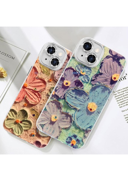 Apple iPhone 13 Kılıf Renk Değiştiren Taşlı Kamera Lens Korumalı Mavi Çiçek Desenli Darbe Emici Kapak