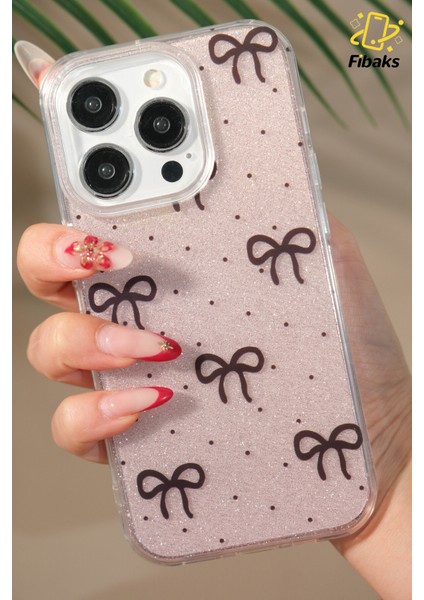 Apple iPhone 13 Pro Max Uyumlu Kılıf Simli Siyah Fiyonk Desenli Renkli Parlak Darbe Emici Kapak