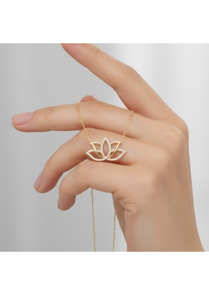 Taşlı Lotus Çiçeği Altın Kaplama Gümüş Kolye modelleri