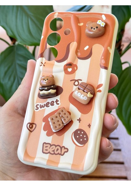 Samsung Galaxy A24 Uyumlu Kılıf Tasarımlı Desenli Kamera Korumalı Ayıcık Bisküvi Renkli Cofffe Silikon Kapak