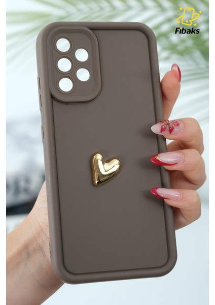 Samsung Galaxy A32 Kılıf 3D Kalp Tasarımlı Kahverengi Desenli Yumuşak Kamera Korumalı Silikon Kapak