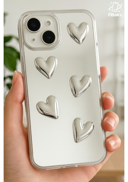 Apple iPhone 15 Uyumlu Kılıf Aynalı Gümüş 3D Kalp Desenli Darbe Emici Silikon Kapak modelleri