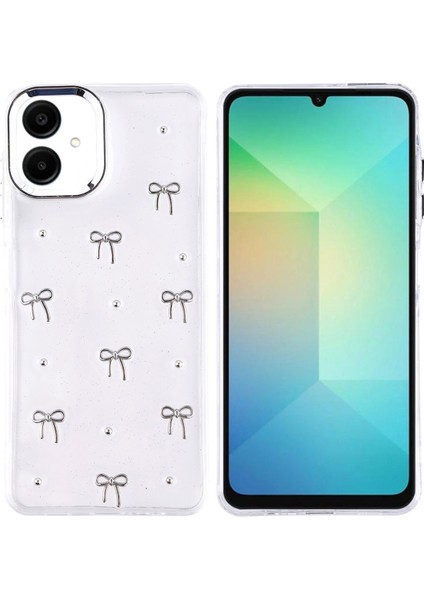 Samsung Galaxy A06 Uyumlu Kılıf Fiyonk Desenli Şeffaf Simli Gümüş Kamera Çıkıntılı Parlak Kapak fiyatları