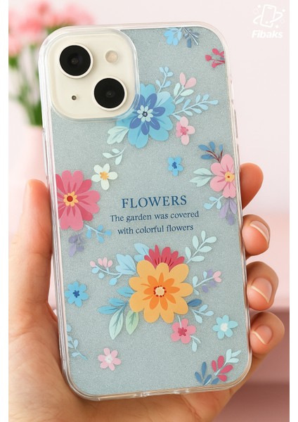 Apple iPhone 13/14 Uyumlu Kılıf Mavi Simli Çiçek Desenli Renkli Parlak Darbe Emici Kapak modelleri