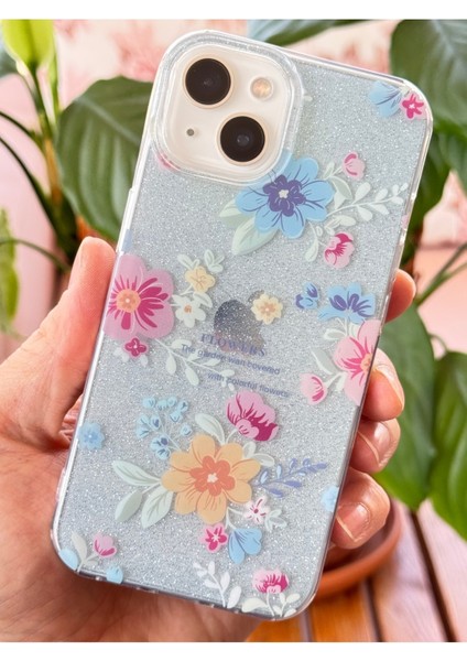 Apple iPhone 13/14 Uyumlu Kılıf Mavi Simli Çiçek Desenli Renkli Parlak Darbe Emici Kapak
