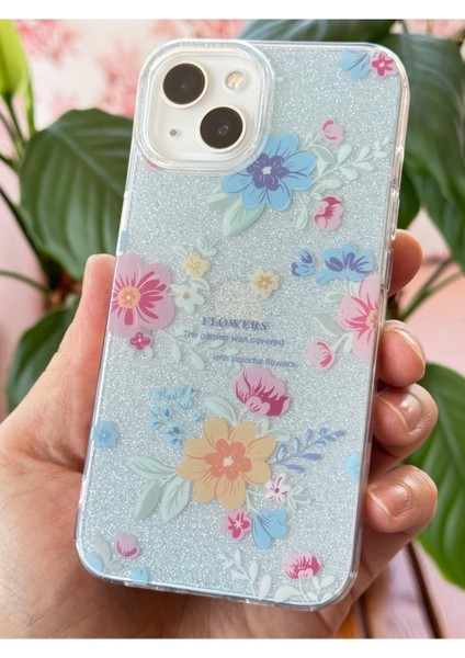 Apple iPhone 13/14 Uyumlu Kılıf Mavi Simli Çiçek Desenli Renkli Parlak Darbe Emici Kapak