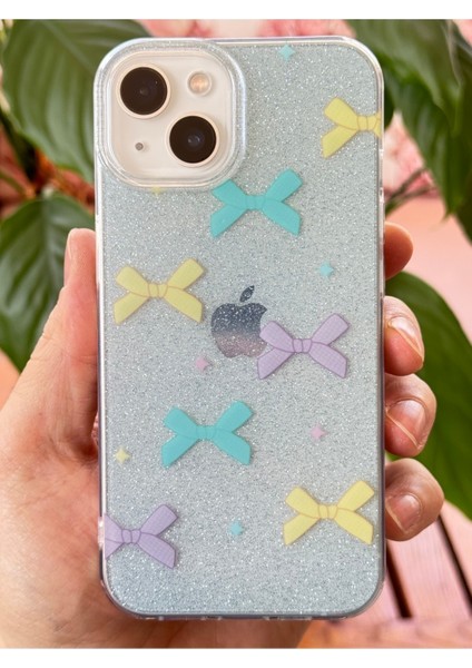 Apple iPhone 13/14 Uyumlu Kılıf Mavi Simli Renkli Fiyonk Desenli Parlak Darbe Emici Kapak indirimleri