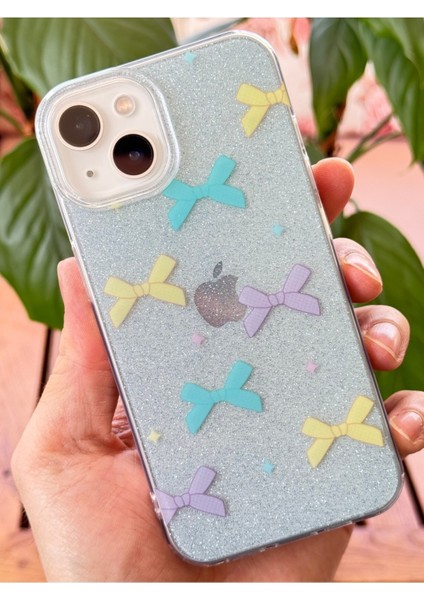 Apple iPhone 13/14 Uyumlu Kılıf Mavi Simli Renkli Fiyonk Desenli Parlak Darbe Emici Kapak