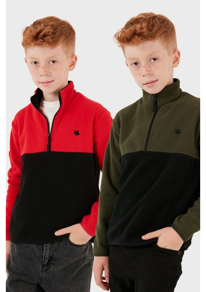 Yumuşak Dokulu Yarım Fermuarlı Renk Bloklu Dik Yaka 2'li Paket Polar Çocuk Polar 5905004S2