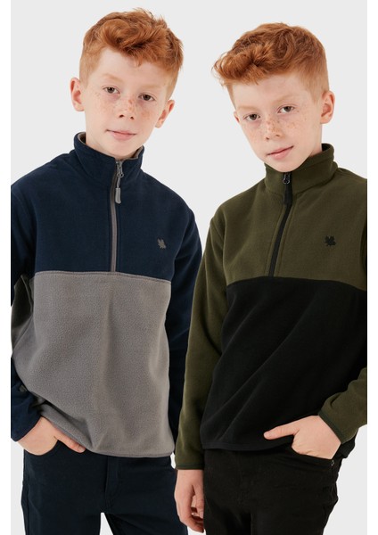 Yumuşak Dokulu Yarım Fermuarlı Renk Bloklu Dik Yaka 2'li Paket Polar Çocuk Polar 5905004S2