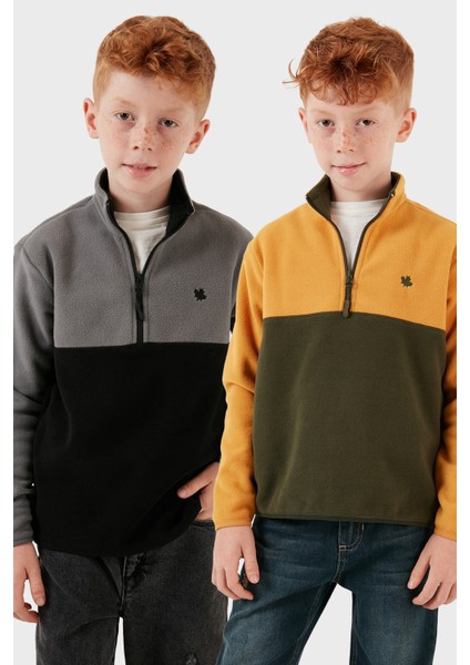 Yumuşak Dokulu Yarım Fermuarlı Renk Bloklu Dik Yaka 2'li Paket Polar Çocuk Polar 5905004S2