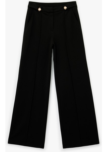 Düğme Detaylı Cepli Düz Bol Paça Kumaş Pantolon