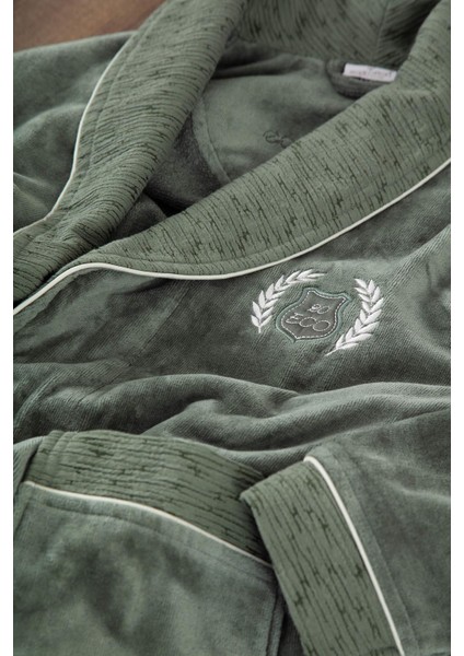 Derin Aile Bornoz Seti Organik Pamuk Nakışlı Bej/yeşil - M/l