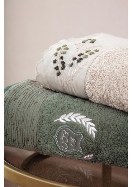 Derin Aile Bornoz Seti Organik Pamuk Nakışlı Bej/yeşil - M/l