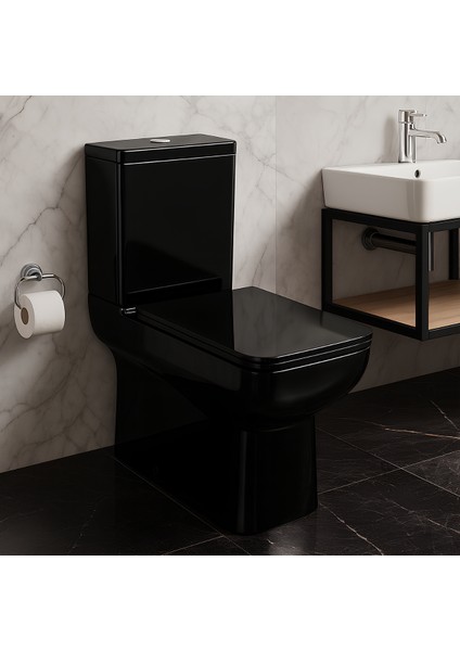 Power Siyah Duvara Sıfır Klozet Takım POW.K022B,Power Duroplast Yavaş Kapak