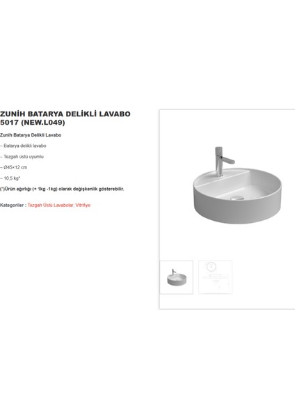 Zunih Beyaz Oval Delikli Lavabo 45 Cm NEW.L049 (5017)