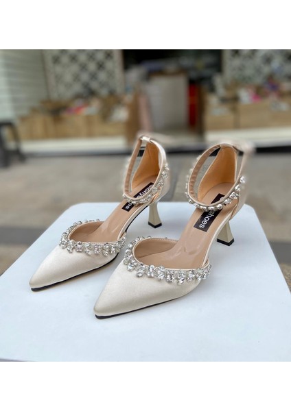 Saten Taşlı 6 cm Topuklu Ayakkabı Nişan-Gelinlik Ayakkabısı 0650
