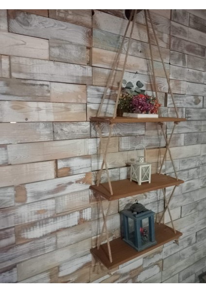 Ahşap Raf Halatlı Raf 3 Lü Halatlı Ahşap Raf Kitaplık Ahşap Duvar Rafı Halatlı Duvar Rafı