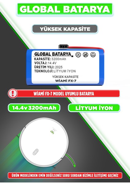 Wiami Fx7 Akıllı Robot Süpürge Bataryası 14.4V 3200mAh Li-ion Pil (Yüksek Kapasite)