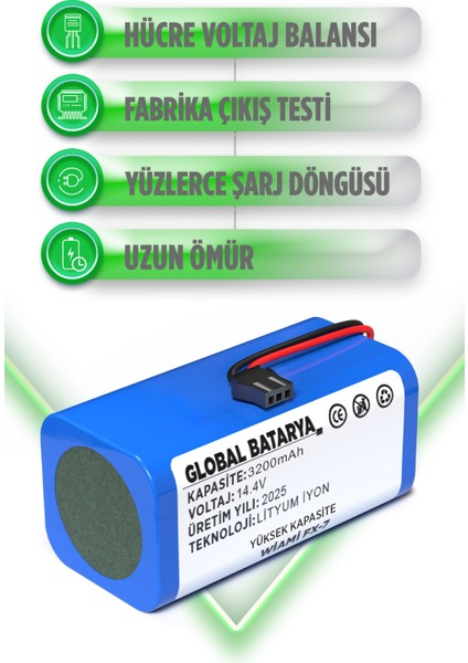 Wiami Fx7 Akıllı Robot Süpürge Bataryası 14.4V 3200mAh Li-ion Pil (Yüksek Kapasite) modelleri