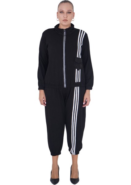 Kadın Büyük Beden Beyaz Şeritli Alt Üst Spor Şık Pamuk Takım