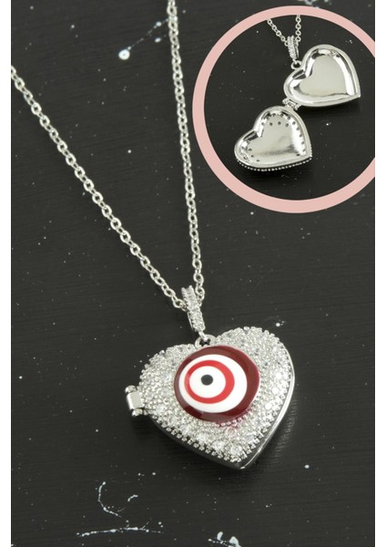 Ds-Derin Kalp Nazar Kapaklı Zirkon Taşlı Çelik Kolye-Gümüş Rengi