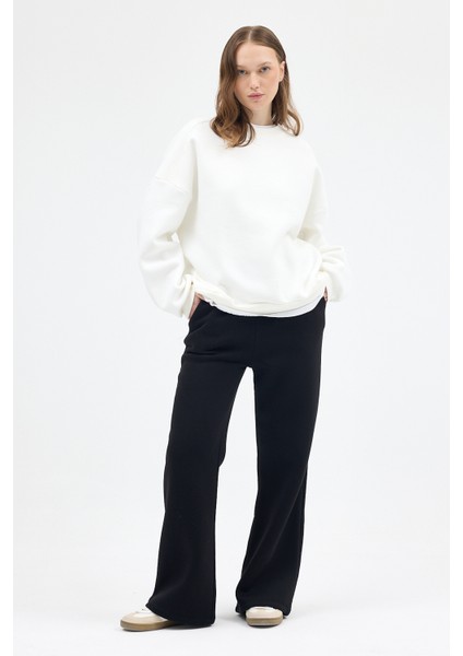 Ekru Bisiklet Yaka Oversize Kadın Sweatshirt 9152M