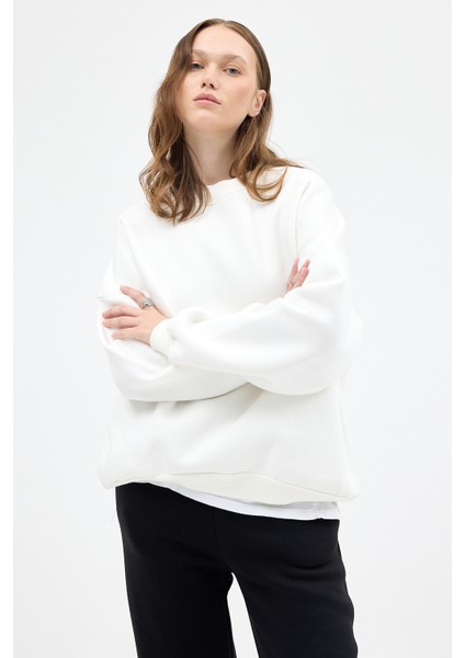 Ekru Bisiklet Yaka Oversize Kadın Sweatshirt 9152M