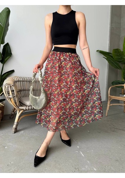 Baskılı astarlı uzun etek