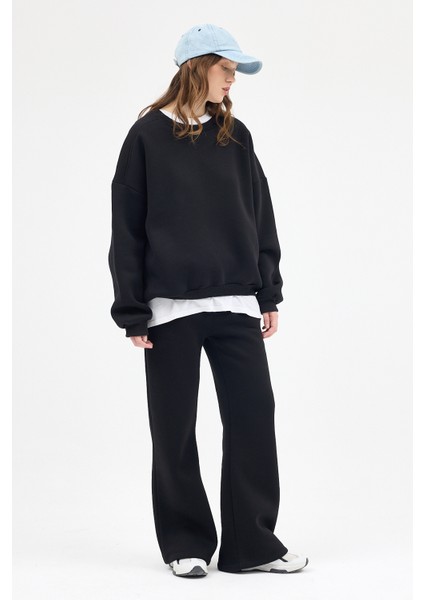 Siyah Bisiklet Yaka Oversize Kadın Sweatshirt 9152M