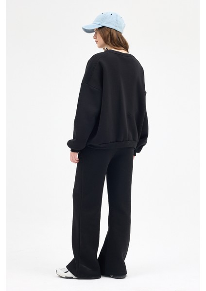 Siyah Bisiklet Yaka Oversize Kadın Sweatshirt 9152M